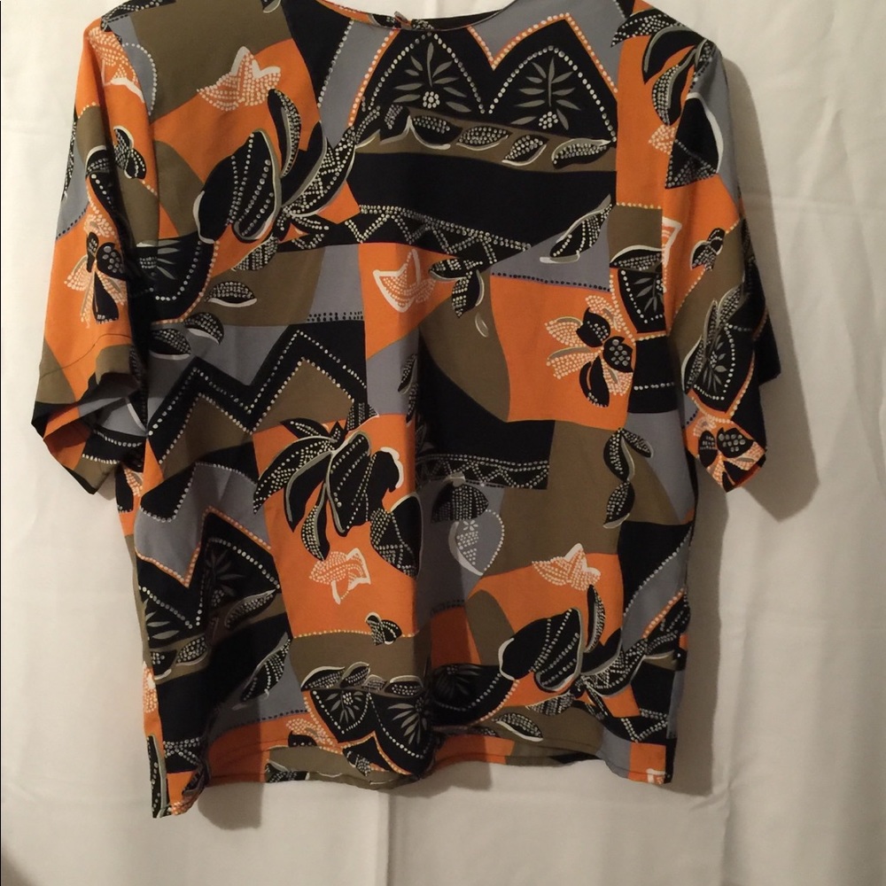 Orange,black, grey silk short-sleeved blouse